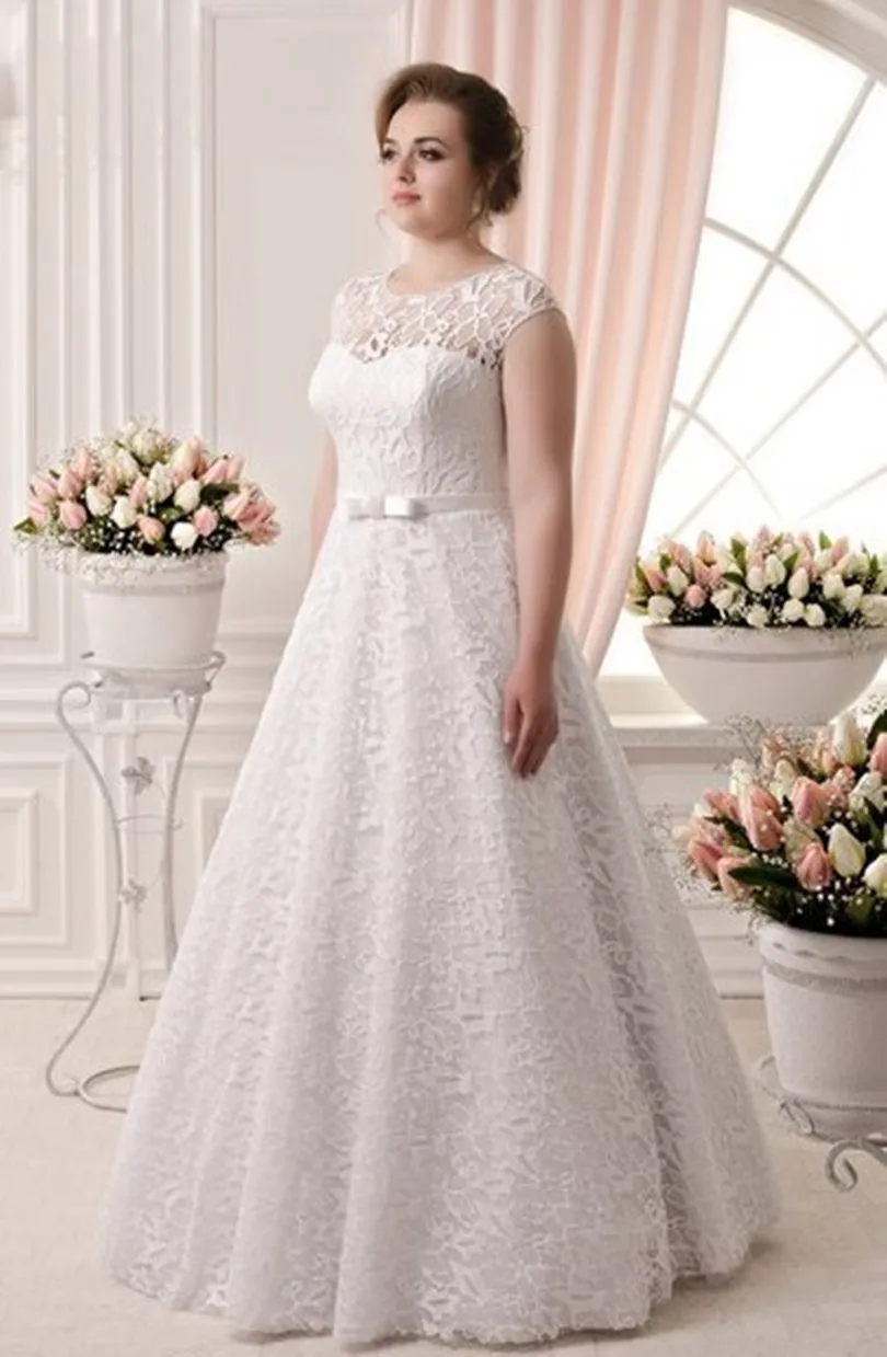 ---A line style custom made oversized wedding dress in lace with satin lining with short sleeves and bow belt--