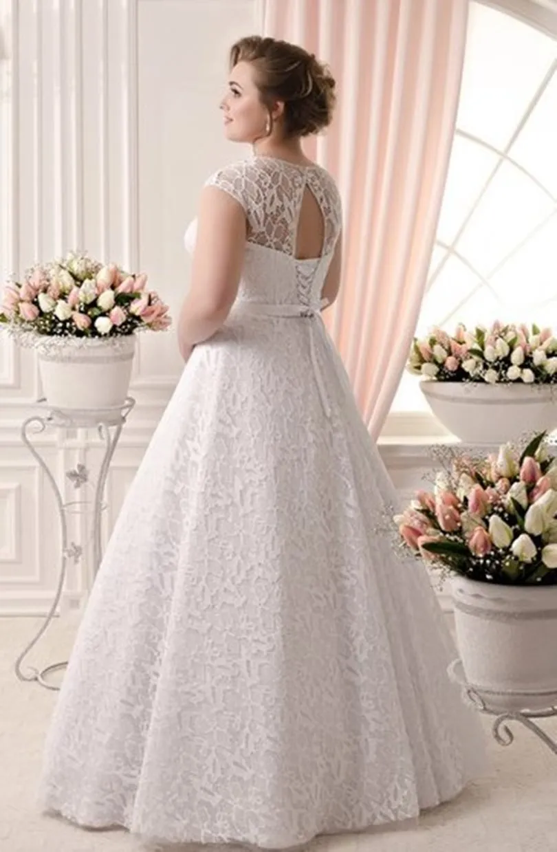 ---A line style custom made oversized wedding dress in lace with satin lining with short sleeves and bow belt--