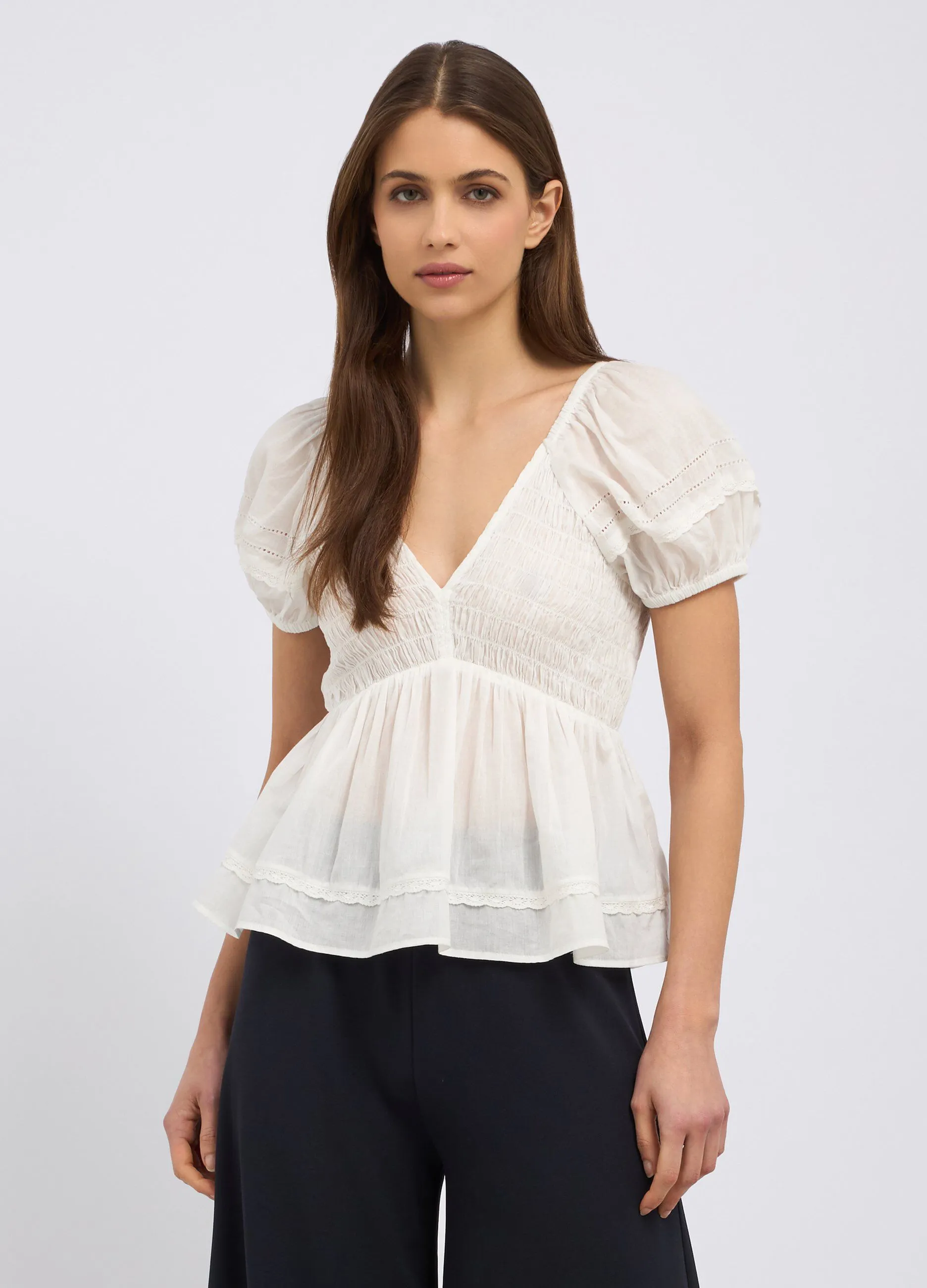Blusa in puro cotone con punto smock donna