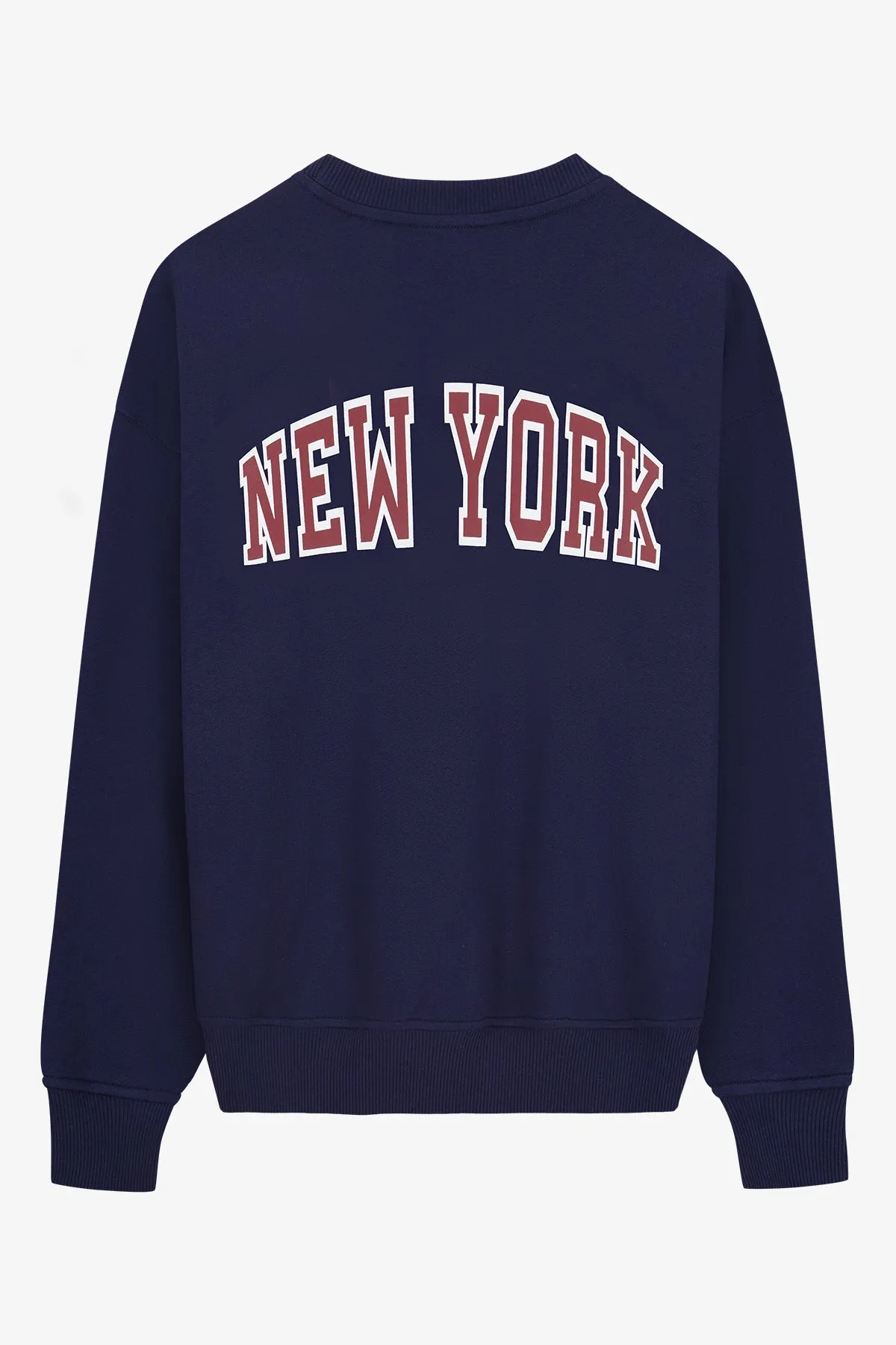 Felpa VOGUE Editions blu con logo ricamato rosso e stampa college New York-