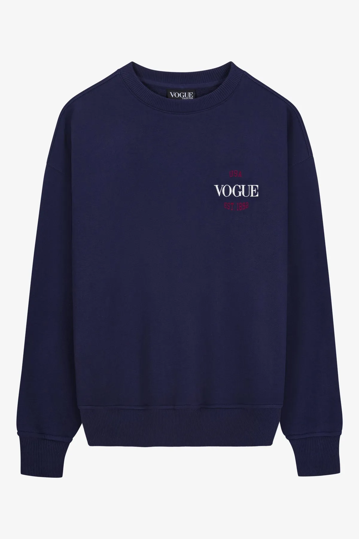 Felpa VOGUE Editions blu con logo ricamato rosso e stampa college New York-