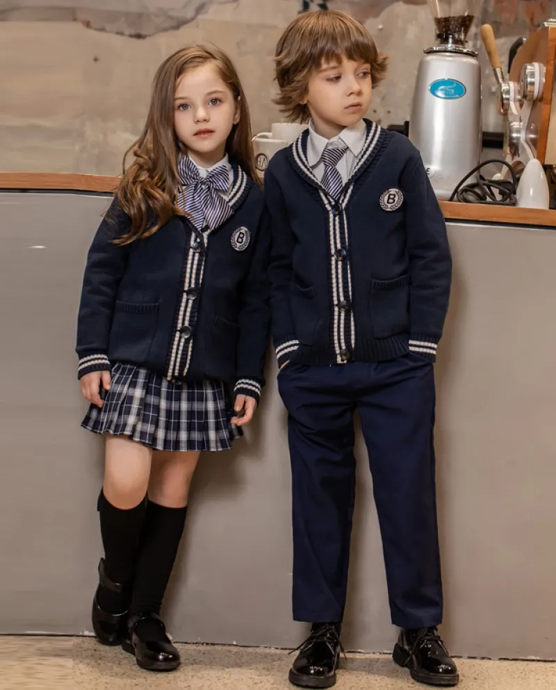 Giacca cardigan monopetto stile preppy per bambini e camicia con risvolto uniforme a tre pezzi