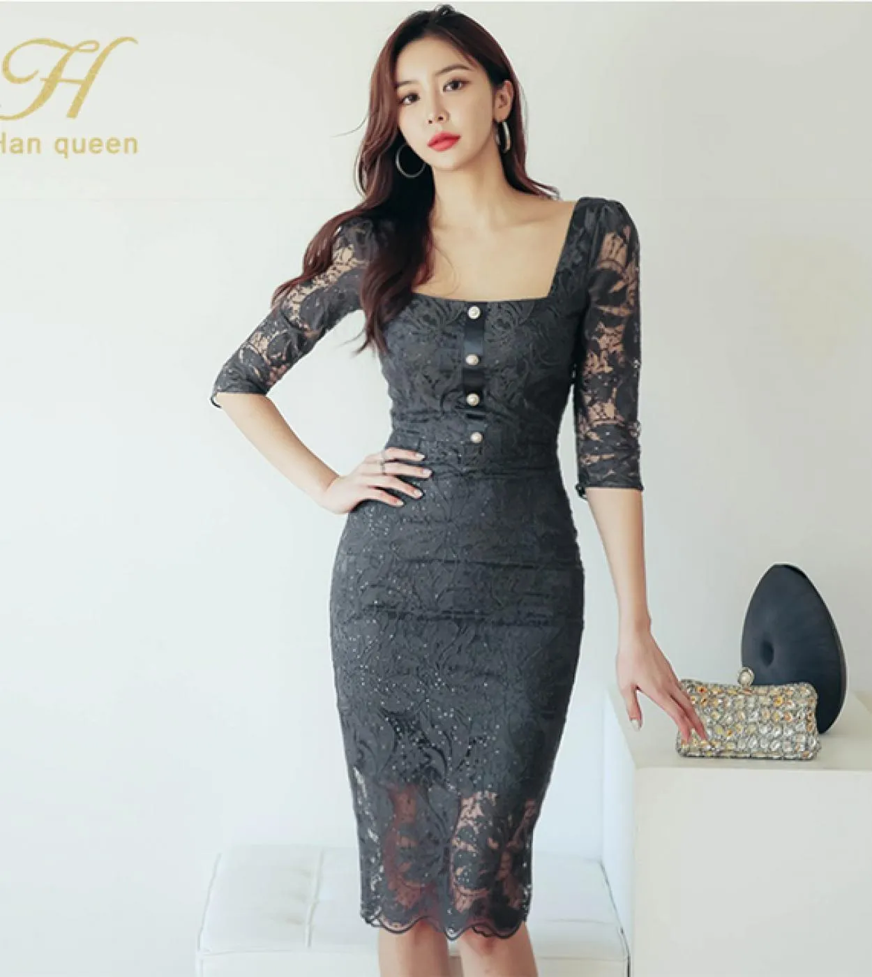 H Han Queen Elegante abito sottile in pizzo autunnale da donna Abiti a tubino con scollo a cuore aderente Ol Midi Festa da lavor