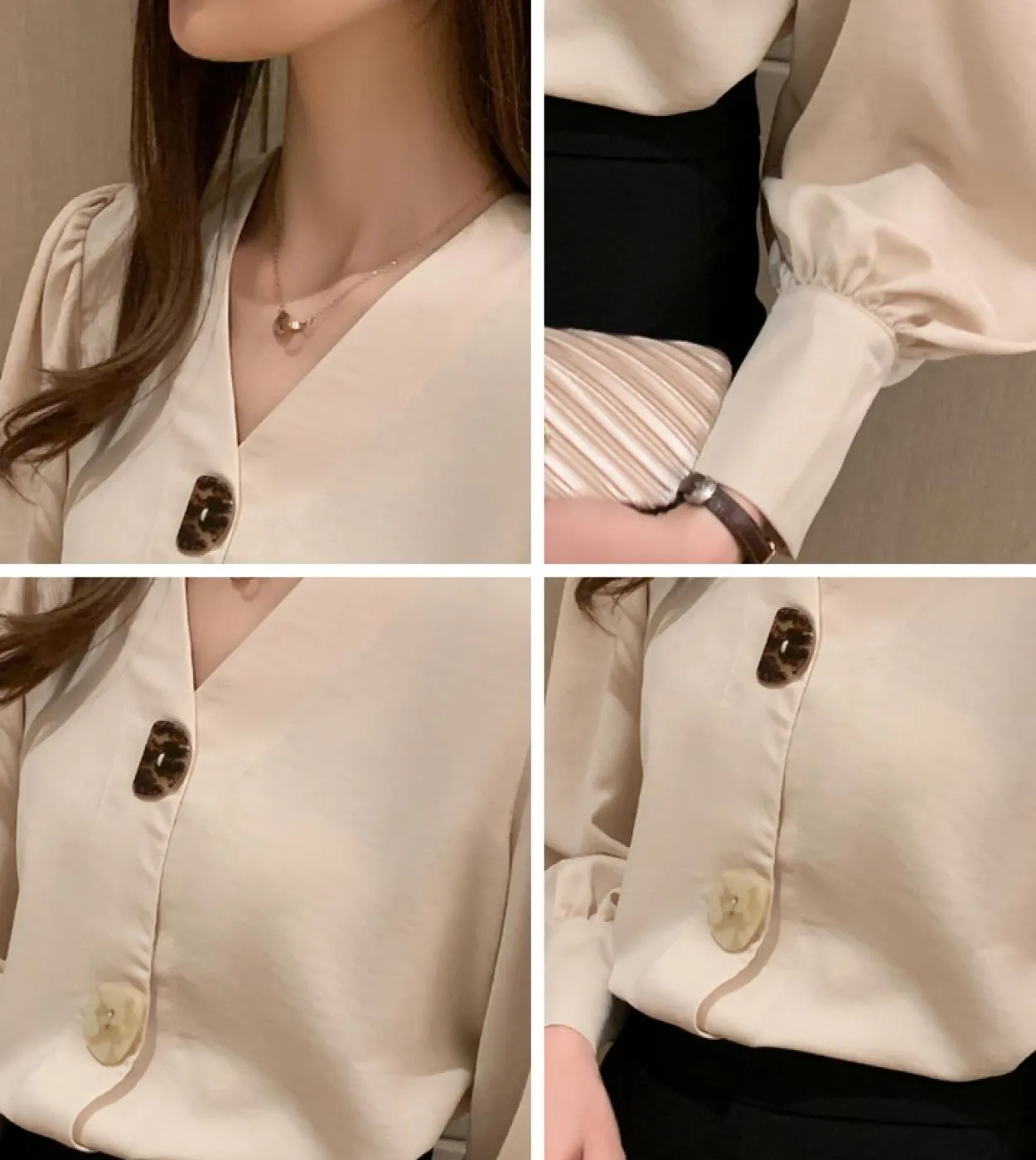 Office Lady Autumn Solid Camicette da donna Tutte abbinate Top con scollo a V Lanterna Abiti a maniche lunghe con bottoni Camici