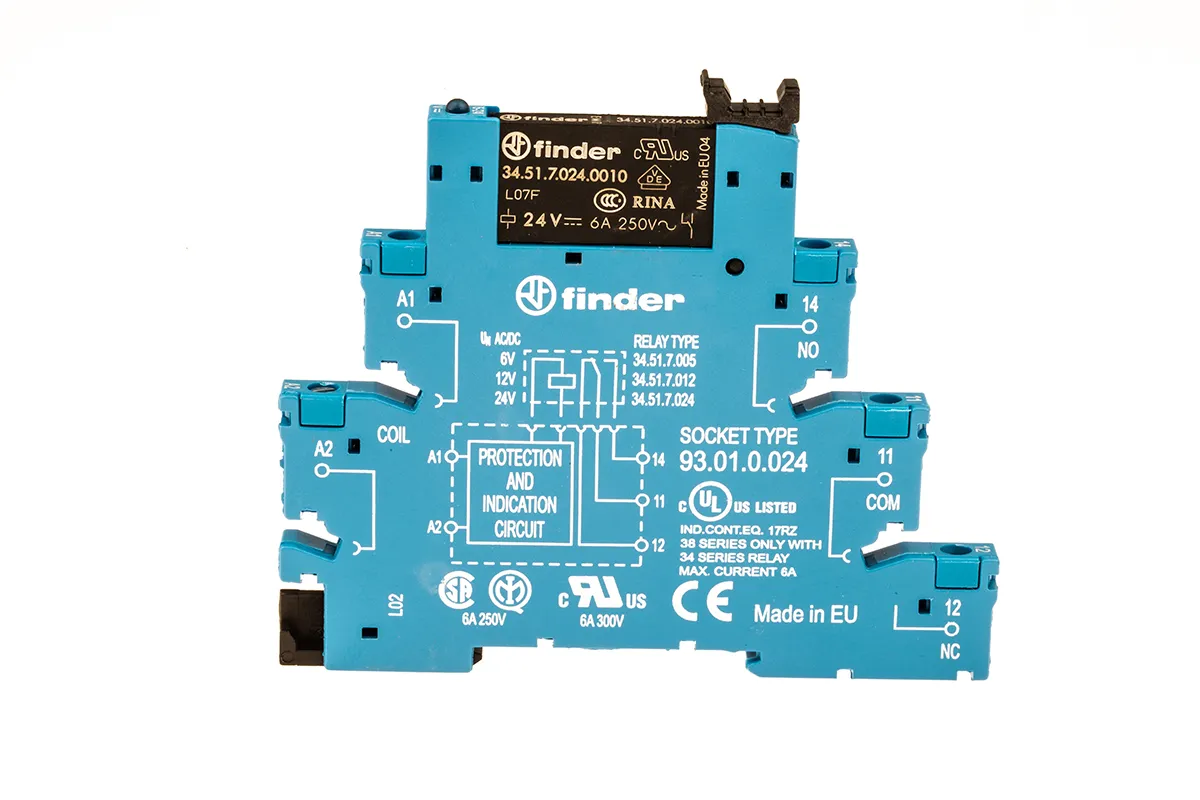 Relè d'interfaccia Finder serie 38 Series, bobina 24V ca/cc, Guida DIN, contatti SPDT