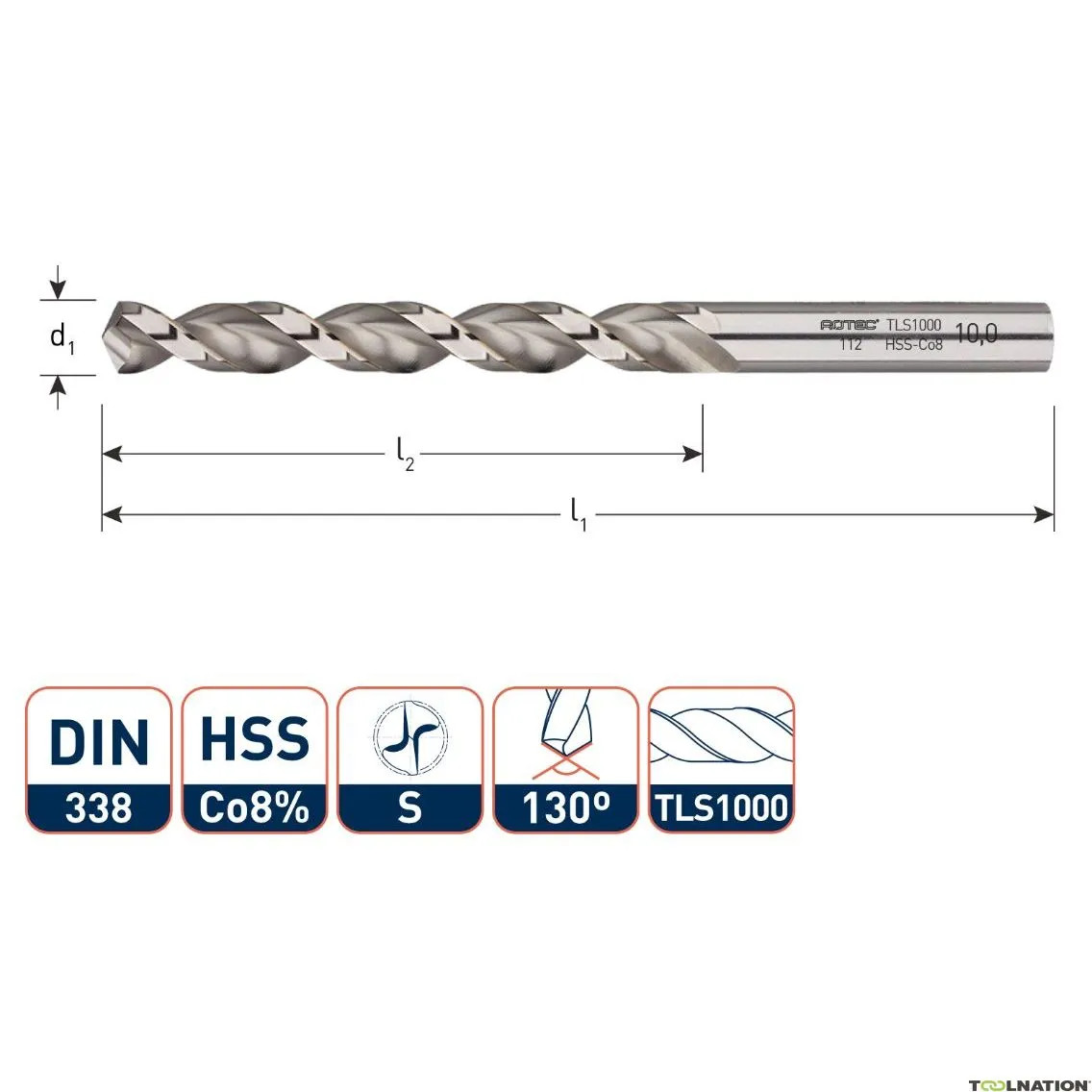 Rotec 112.0450 Punta elicoidale HSS-E, DIN338, tipo TLS1000, Ø4,5